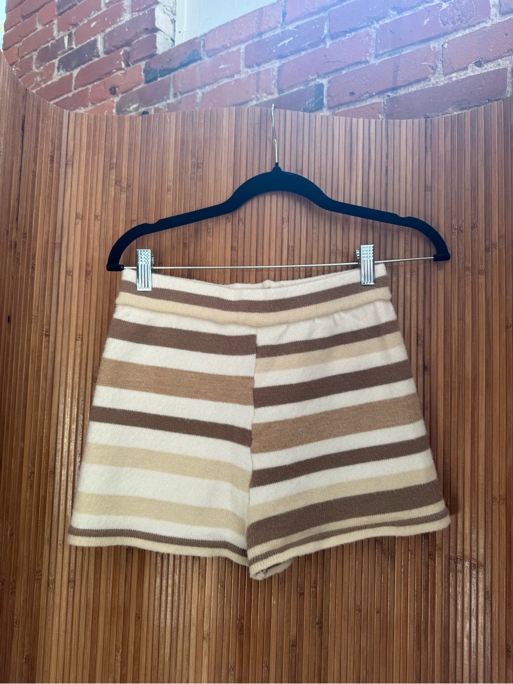 Princess Polly Striped High-Waist Knit Shorts in Cream, Tan, and Brown